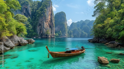 a boat floating on top of a body of water next to a lush green forest covered cliff covered mountain range.