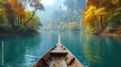 a boat floating on top of a river next to a forest filled with lots of green and yellow trees on a cloudy day. photo