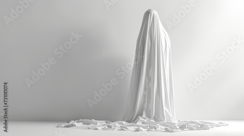 A standing Halloween ghost covered in a white sheet isolated against a white background.