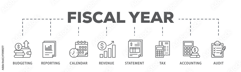 Fiscal year banner web icon illustration concept with icon of budgeting, reporting, calendar, revenue, statement, tax, accounting, audit Fiscal year banner web icon illustration concept with icon of budgeting, reporting, calendar, revenue, statement, tax, accounting, audit