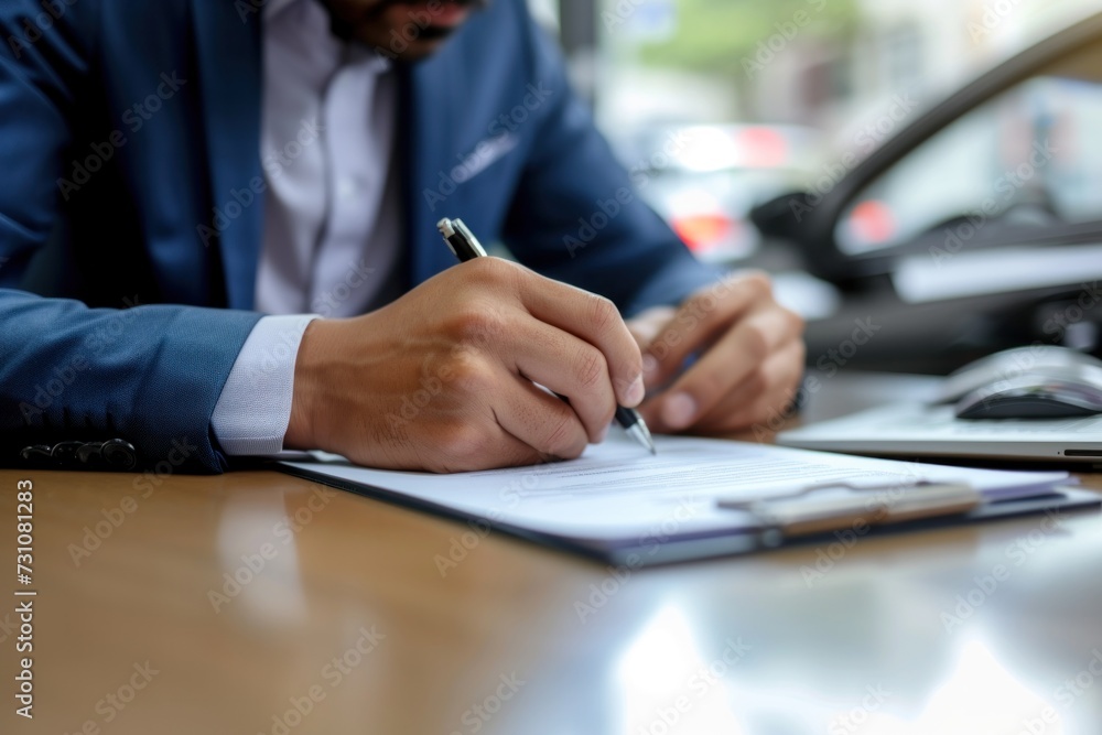 photograph of Car dealer signs a contract for a new car at a car showroom. The motive for purchasing a new car at an authorized showroom photograph of Car dealer signs a contract for a new car at a car showroom. The motive for purchasing a new car at an authorized showroom