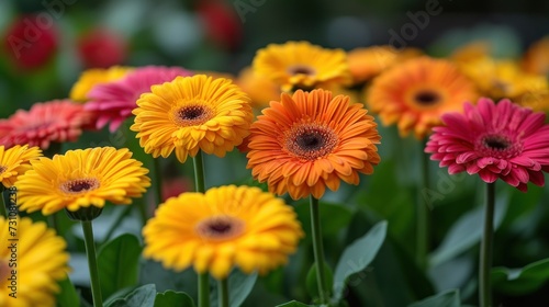 a close up of a bunch of flowers with many different colors of flowers in the middle of the picture  with a blurry background of red  yellow  orange  pink  and red  and yellow flowers.