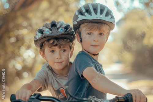 Siblings, bicycles, having fun together in the park Play and get excited about outdoor fun on vacation. To develop skills, love, and family bonds.