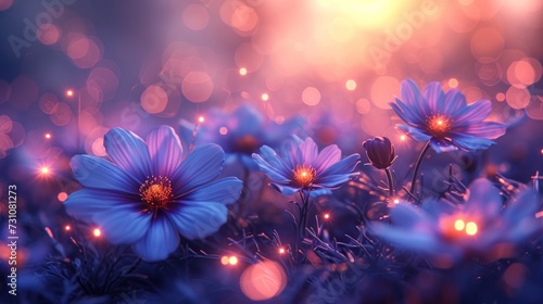 a bunch of blue flowers in a field of grass with a blurry light in the background of the photo. photo