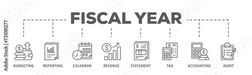 Fiscal year banner web icon illustration concept with icon of budgeting, reporting, calendar, revenue, statement, tax, accounting, audit