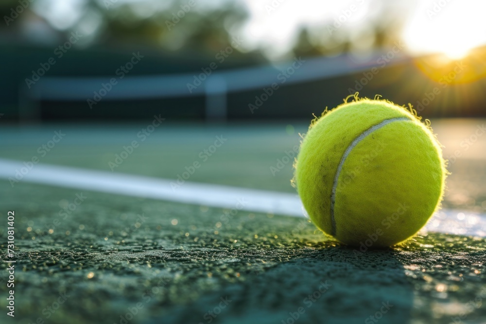 Close-up shot of tennis ball on tennis court background.