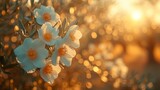 a bunch of white flowers sitting on top of a tree branch in front of a blurry background of the sun.