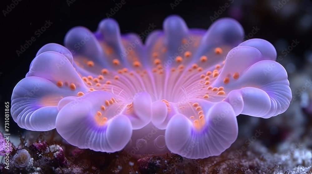 a close up of a purple sea anemone on a coral with other sea anemones in the background. a close up of a purple sea anemone on a coral with other sea anemones in the background.