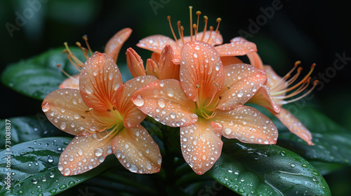a close up of two orange flowers with drops of water on them and green leaves with water droplets on them.