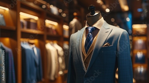 Mannequin suit in modern boutique, luxury men's clothing store sign © ORG