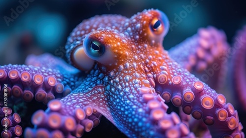 a close up of an octopus with a blue and orange ring around it's eyes and a black background.