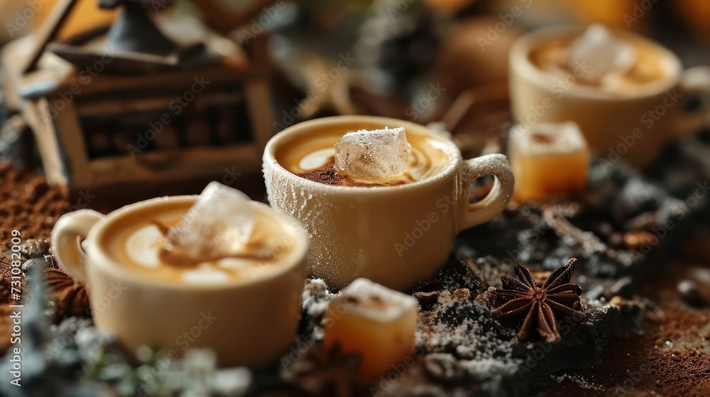 miniature iced coffee cups, with tiny coffee ice cubes and creamy swirls, arranged on a miniature coffee shop-inspired setting miniature iced coffee cups, with tiny coffee ice cubes and creamy swirls, arranged on a miniature coffee shop-inspired setting