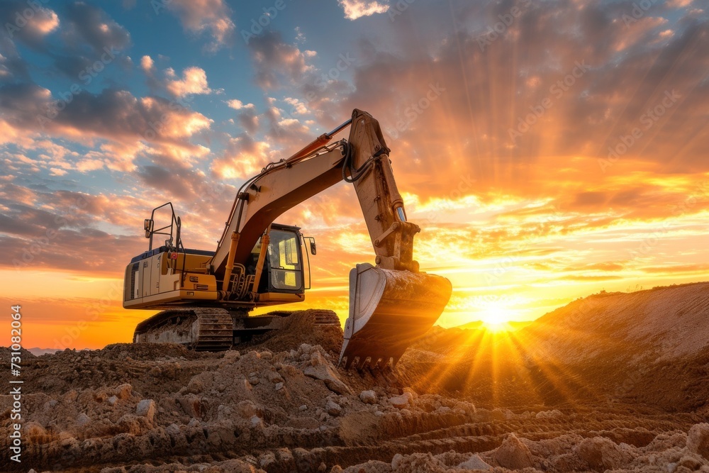 Excavator truck building road on sunset construction site Excavator truck building road on sunset construction site