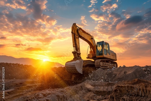 Excavator truck building road on sunset construction site