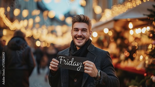 Happy man holding friday sign at night city party, festive celebration concept