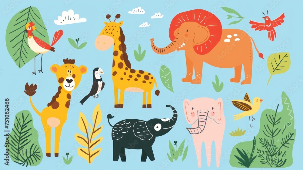 a group of different types of animals in a field with leaves and flowers on a blue background with a bird, a giraffe, an elephant, an elephant, a bird, a bird, a bird, and a bird.