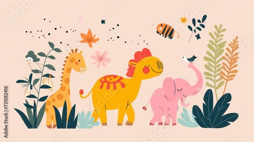 a baby giraffe standing next to an adult giraffe and a baby elephant in a field of plants.