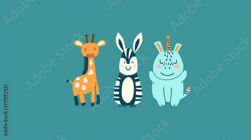 a group of animals standing next to each other on top of a blue background with a giraffe, a zebra, and a giraffe.