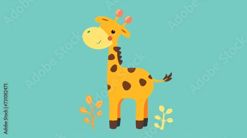 a giraffe standing next to a plant on a blue background with brown spots on it s head.