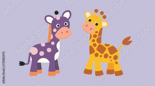 a giraffe and a baby giraffe standing next to each other in front of a purple background.