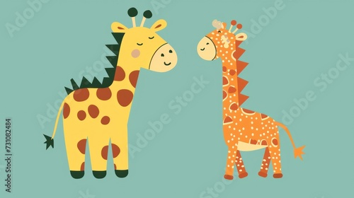 a giraffe and a baby giraffe standing next to each other on a blue background with polka dots.