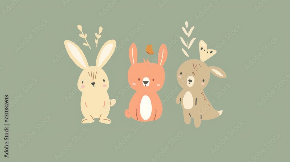 a couple of rabbits sitting next to each other on a green background with a plant in the middle of the picture. a couple of rabbits sitting next to each other on a green background with a plant in the middle of the picture.