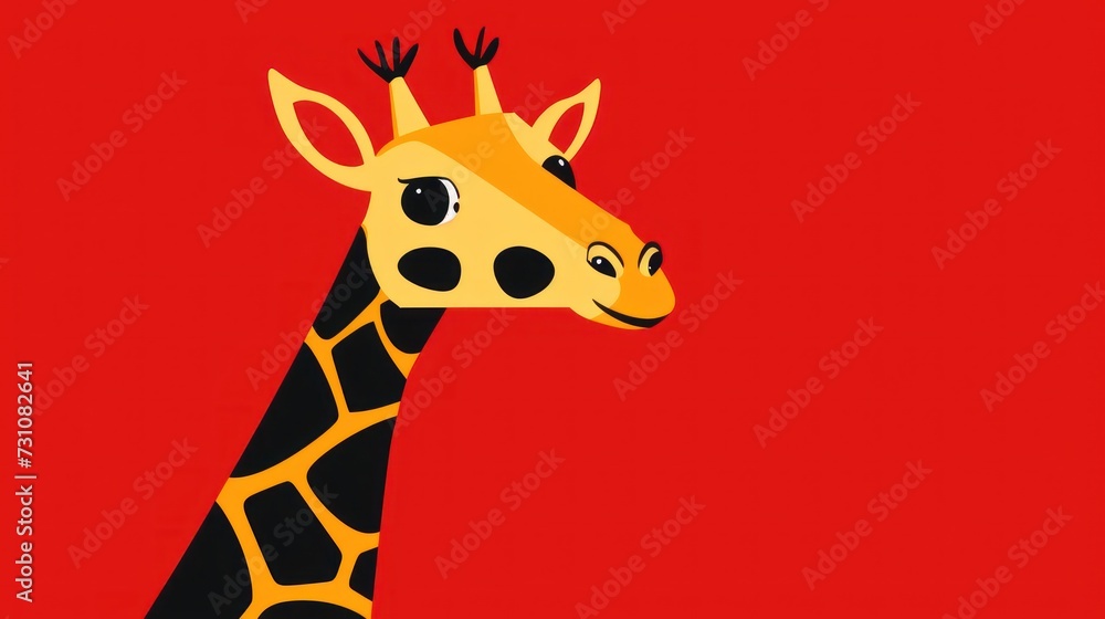 a close up of a giraffe's head on a red background with a black and yellow pattern.