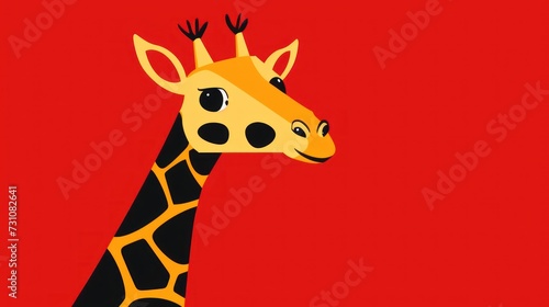 a close up of a giraffe s head on a red background with a black and yellow pattern.