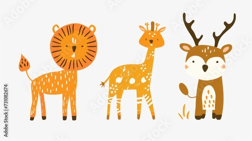 a couple of giraffes and a lion standing next to each other in front of a white background.