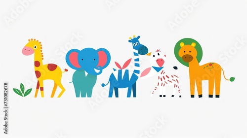 a group of giraffes, zebras, and elephants standing next to each other on a white background.