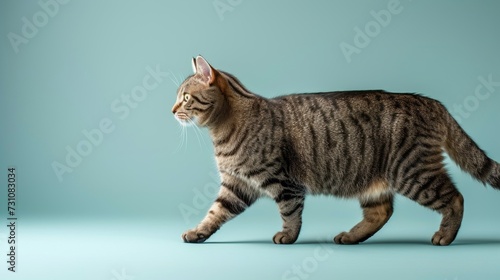 Flurry cat walking on pastel background, bright studio shot with ample copy space on left side. © Ilja