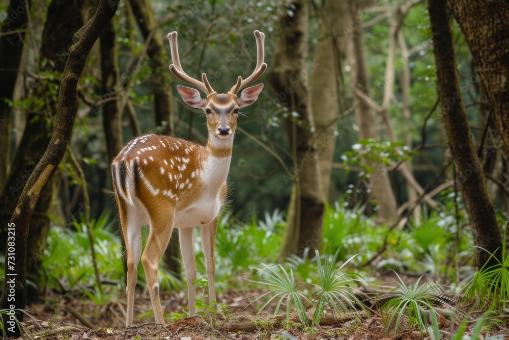 Lone longhorn deer standing looking at camera in forest, background Lone longhorn deer standing looking at camera in forest, background
