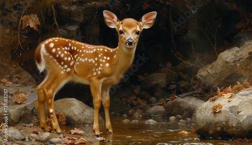 A majestic whitetail deer stands in the serene stream, surrounded by the peaceful sounds of nature and the rocky terrain of its terrestrial home
