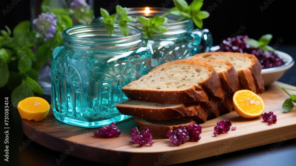 a wooden cutting board topped with slices of bread next to a bowl of grapes and a jar of lemons. a wooden cutting board topped with slices of bread next to a bowl of grapes and a jar of lemons.