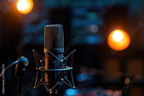 Microphone in studio with spotlight on blue, p background