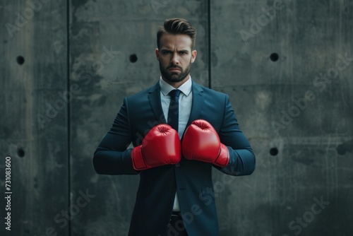Photo of confident businessman standing with red boxing gloves in hand, business fight on black background. © ORG
