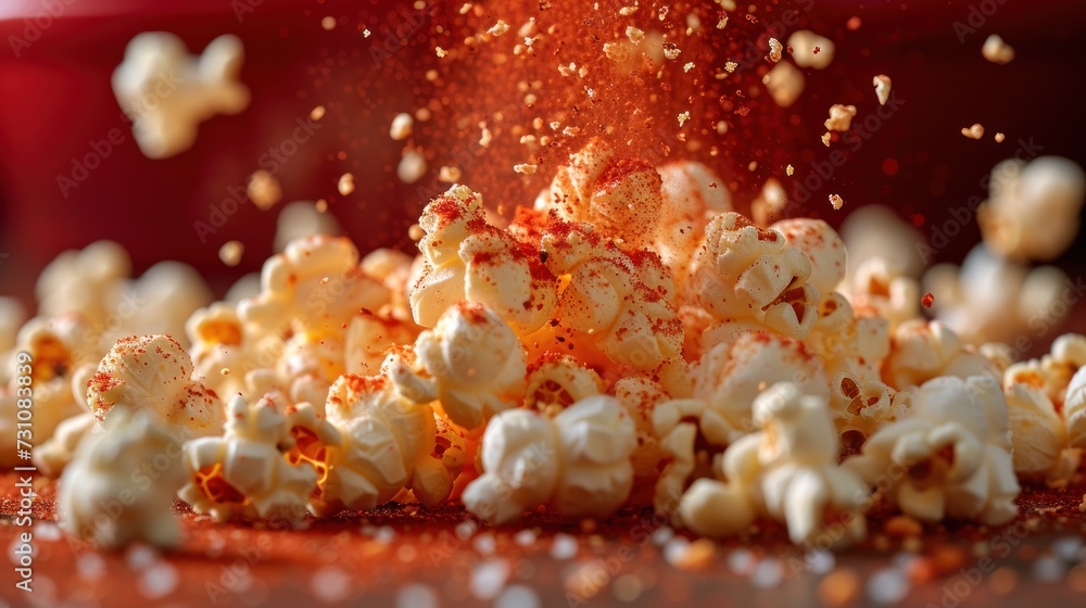 a pile of popcorn sprinkled with red and white sprinkles on top of a wooden table. a pile of popcorn sprinkled with red and white sprinkles on top of a wooden table.