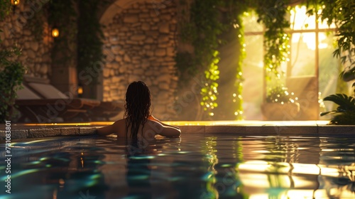 Relaxing Spa Day, Woman Enjoying Indoor Pool, Tranquil Wellness Retreat, Serene Spa Environment, Relaxation and Luxury, Calm Water Therapy, Restful Health Resort, Sunlit Relaxing Retreat, Peaceful 
