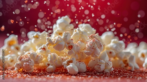 a pile of white popcorn with sprinkles on top of it on a pink surface with a red background.