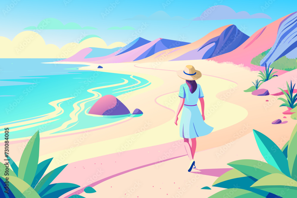 female traveler in summer clothes walking on a sandy beach 
