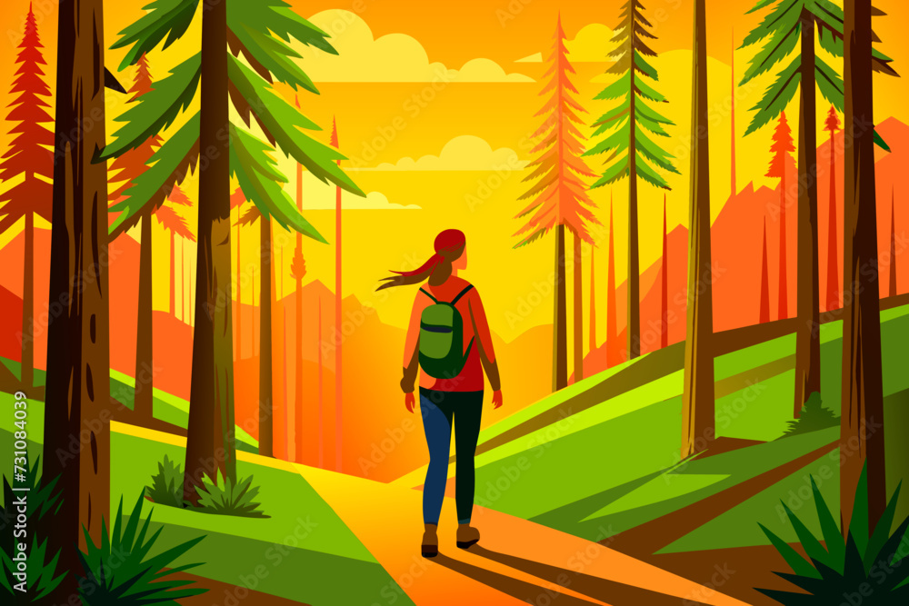 Full side view of young woman traveling with backpack standing in forest
