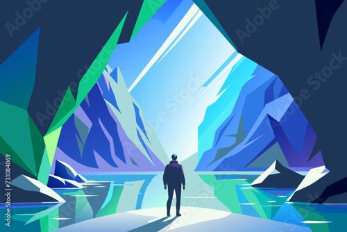 Man standing under an opening in ice cave while walking under a glacier