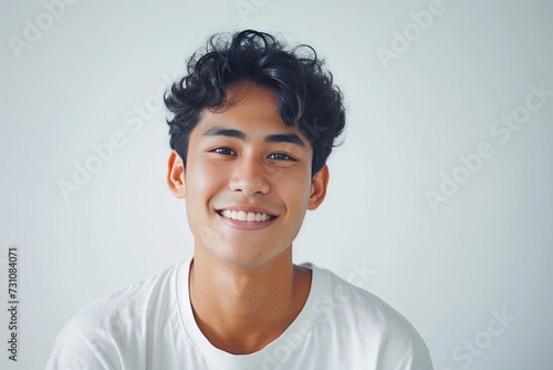 Radiant and cheerful Asian young man showcasing a warm smile against a clean, white background