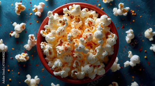 a red bowl filled with popcorn sitting on top of a blue table covered in orange and white sprinkles.