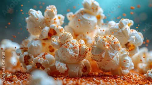 a pile of white popcorn sprinkled with sprinkles on a blue and green background with sprinkles.