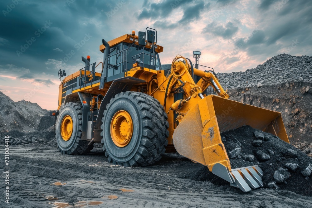 Wheel loader isolated on sky background The loader pours crushed stone or gravel from the tank. Powerful modern equipment for earthworks and bulk handling. at sunset Wheel loader isolated on sky background The loader pours crushed stone or gravel from the tank. Powerful modern equipment for earthworks and bulk handling. at sunset