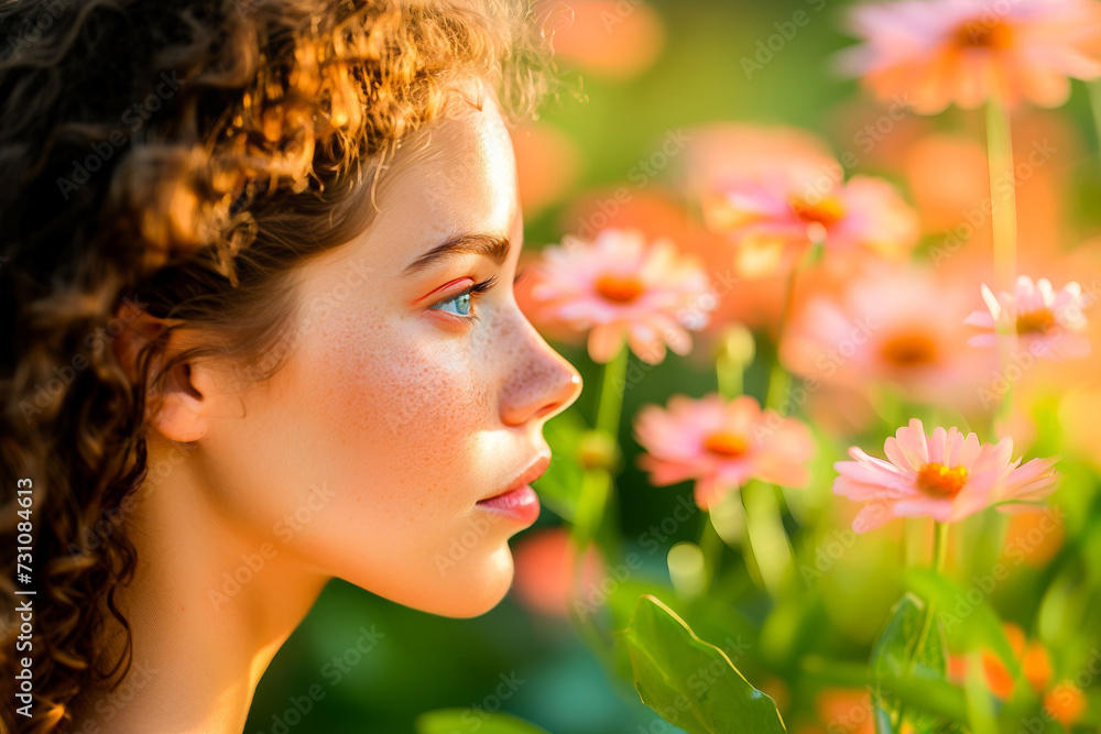 Naklejka premium A serene portrait of a young woman amidst summer blossoms, capturing her natural beauty and peaceful expression in sunlight.