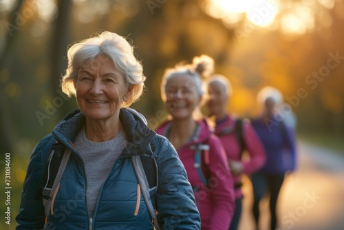Senior friends chatted and walked together on an outdoor path to relax in nature with a retired senior woman. Happy people pointing fingers and talking in the park