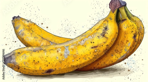 a couple of bananas sitting next to each other on a white surface with a splash of paint on the top of the bananas.