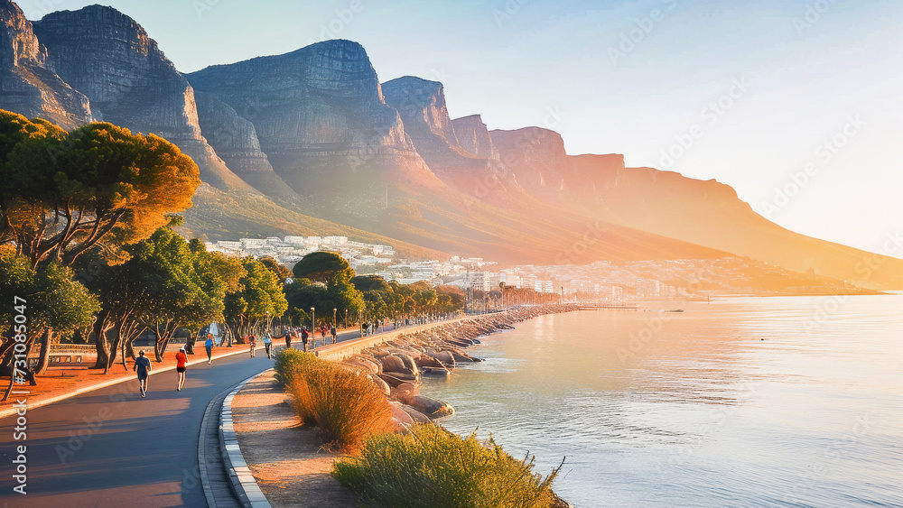 Obraz premium Scenic sunrise view of a promenade along the coast with mountains and a vibrant cityscape in the background.